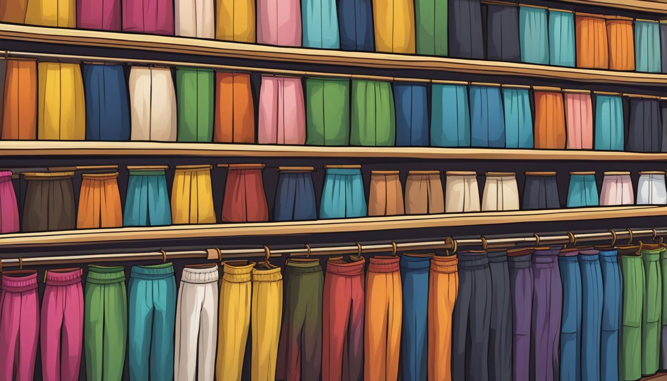 A row of colorful wushu pants displayed on shelves in a Singaporean shop. Bright lighting highlights the intricate designs and quality fabrics