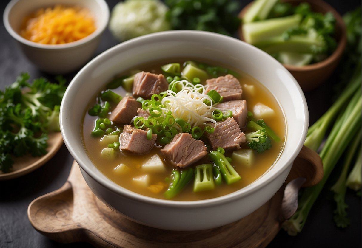 A pot of simmering minced pork soup, with floating green vegetables and fragrant spices