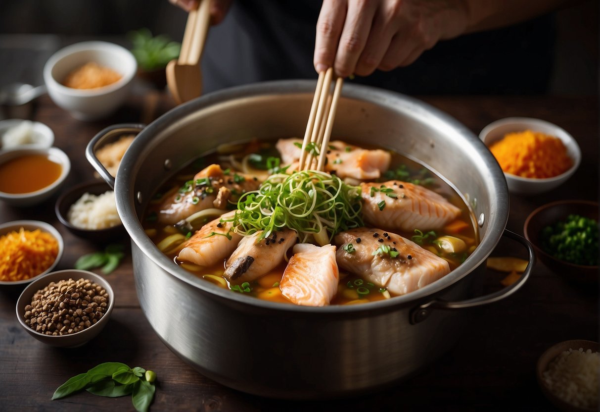A large pot simmering with fish heads, ginger, and spices. A chef adding soy sauce and vinegar. A table set with bowls and chopsticks nearby