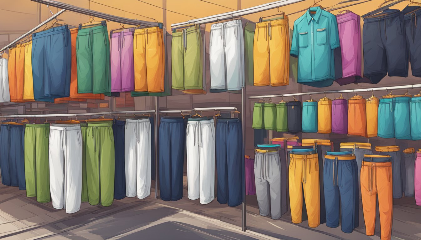 A bustling online marketplace with various retailers selling wushu pants in Singapore. Vibrant colors and diverse styles on display