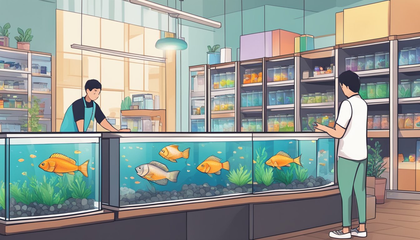 A person in a pet store in Singapore is purchasing a fish tank