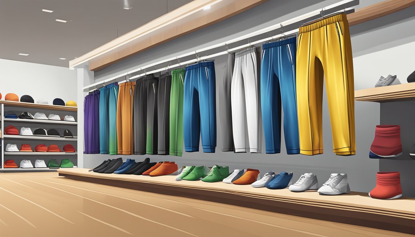 A display of wushu pants in various colors and sizes, neatly arranged on shelves in a sports store in Singapore