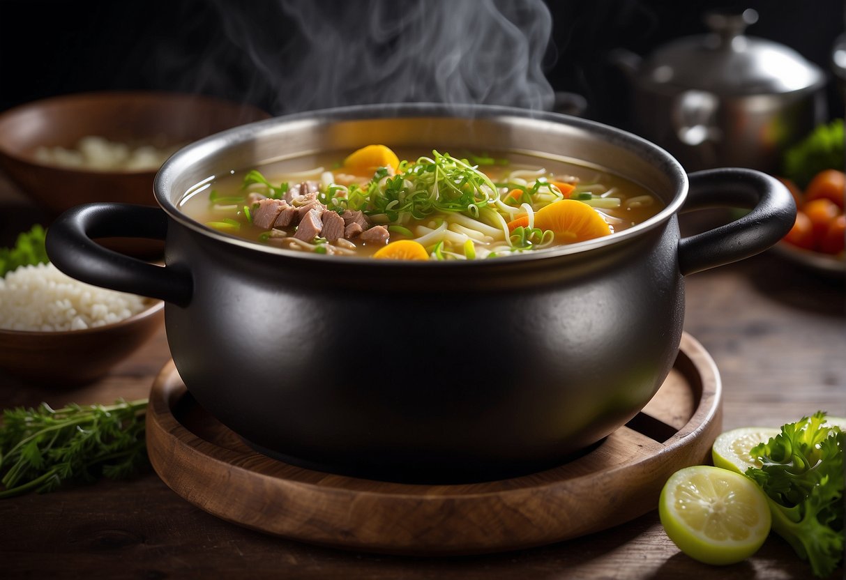 A pot of simmering broth with minced pork, ginger, and vegetables. Steam rises as a ladle stirs the fragrant soup