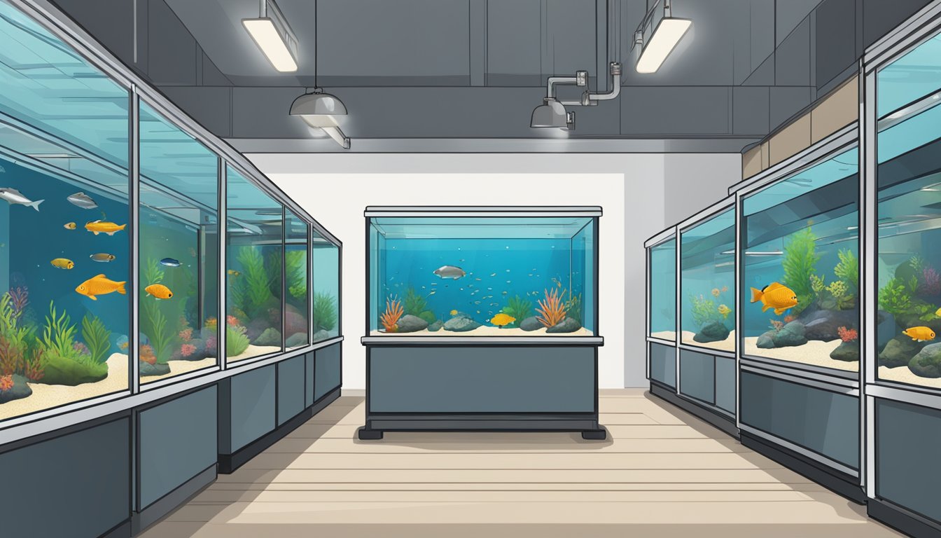 A diverse selection of fish tanks displayed in a well-lit store, with various sizes, shapes, and designs. Labels provide information on each tank's capacity and features