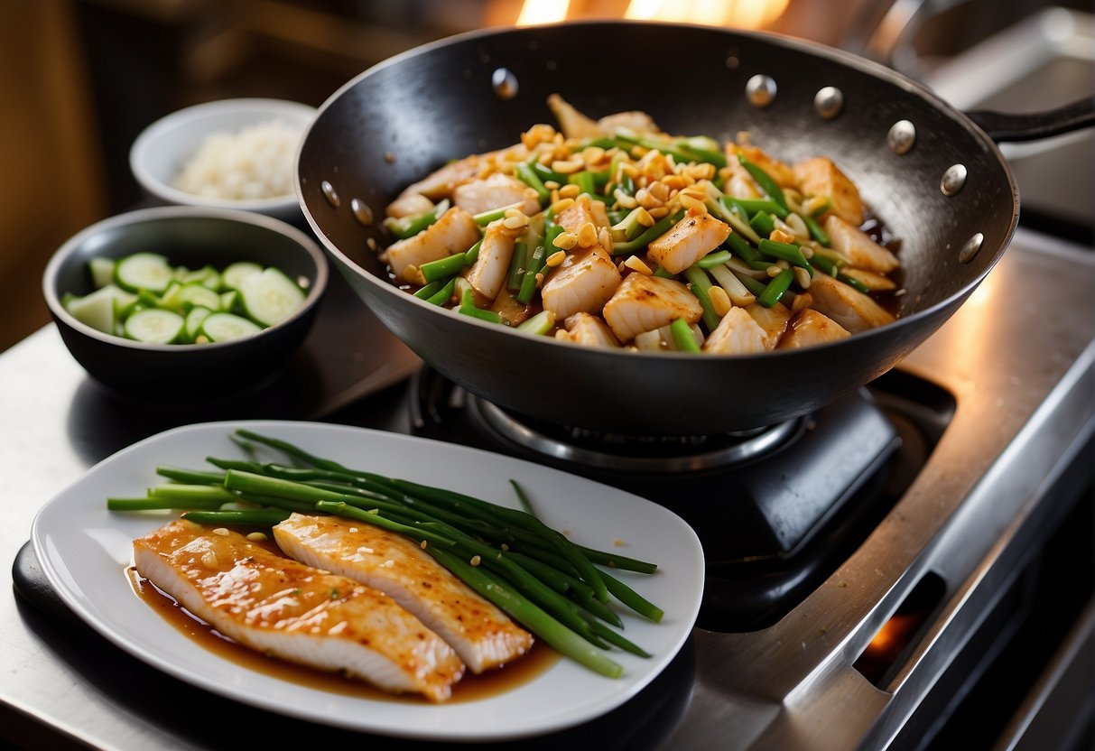 A sizzling hot wok with sizzling oil, tossing marinated fish fillets, garlic, ginger, and scallions, creating a fragrant and mouthwatering aroma
