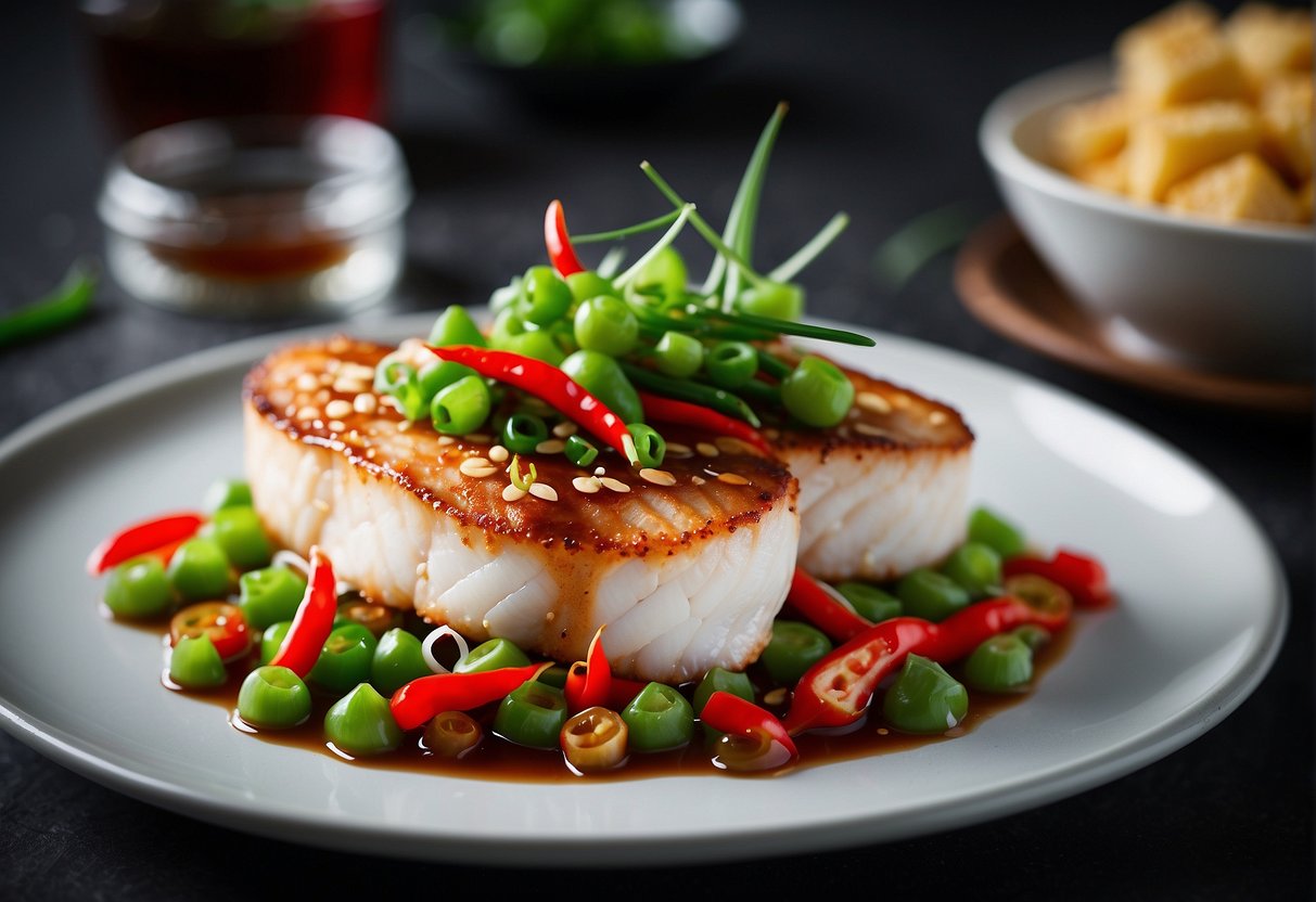 A white oval plate with a delicate Chinese fish fillet dish, garnished with vibrant green scallions and red chili peppers, surrounded by a drizzle of savory soy-based sauce