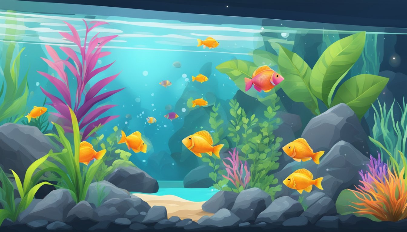 Colorful fish swim among vibrant plants and rocks in a clear aquarium. Bubbling filters and temperature gauges maintain a healthy ecosystem