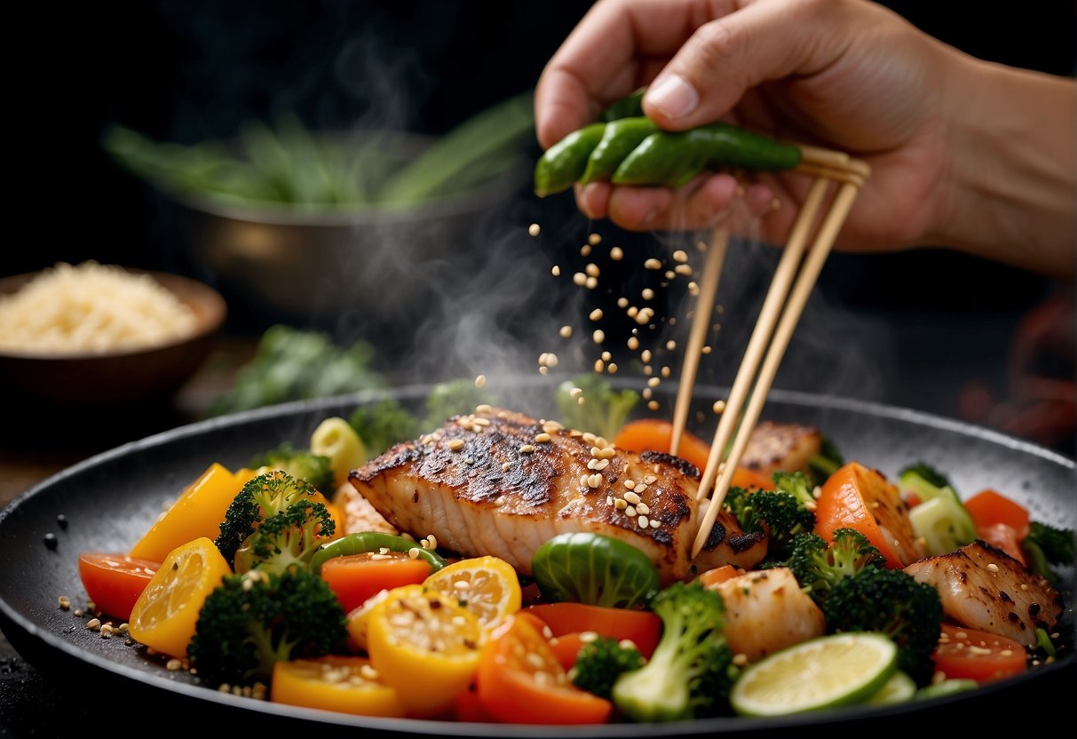 A steaming wok sizzles with golden-brown fish fillets, surrounded by vibrant vegetables and aromatic spices. A chef's hand sprinkles sesame seeds over the dish
