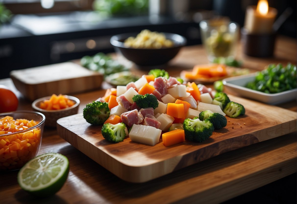 A cutting board with diced vegetables, raw minced pork, and seasonings laid out for a Chinese soup recipe