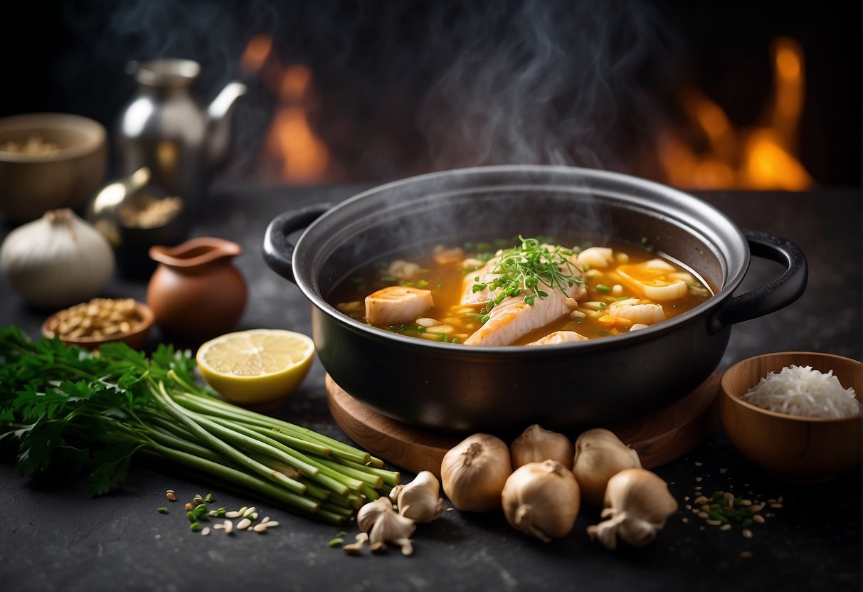 A large pot simmering with fish head, ginger, garlic, and soy sauce. Steam rising, aromatic broth bubbling. Ingredients scattered nearby