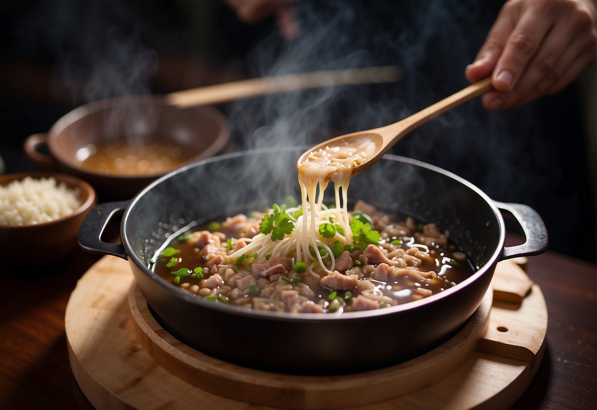 Minced pork sizzling in a hot pot of broth with ginger and garlic, while a chef adds a splash of soy sauce