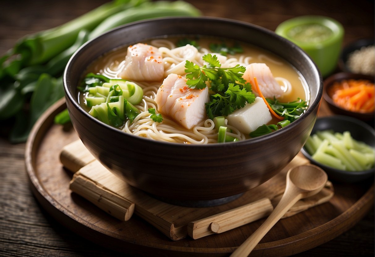 A steaming bowl of Chinese fish noodle soup sits on a wooden table, surrounded by ingredients like fish slices, noodles, bok choy, and fragrant broth
