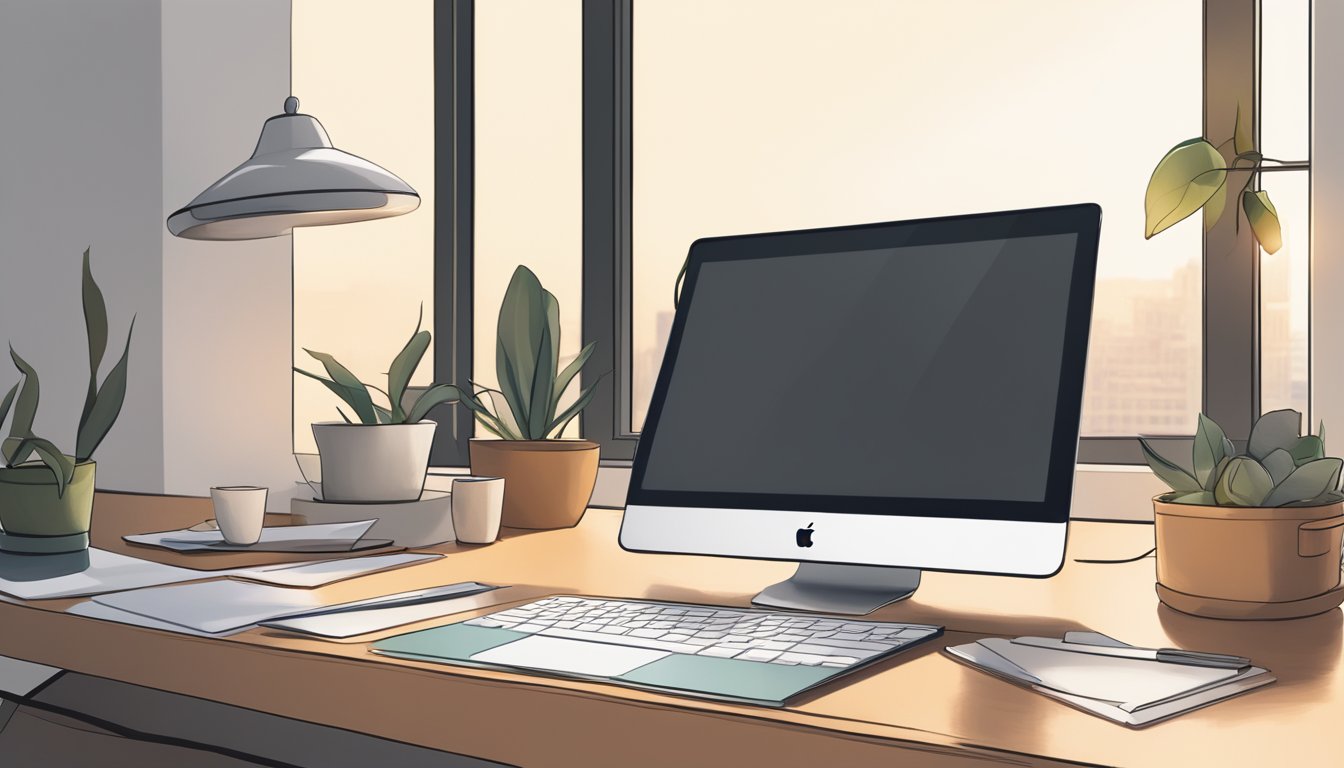 An iPad sits on a sleek, modern desk bathed in soft, natural light from a nearby window. The surrounding space is clutter-free, with a minimalist aesthetic, creating a sense of calm and focus