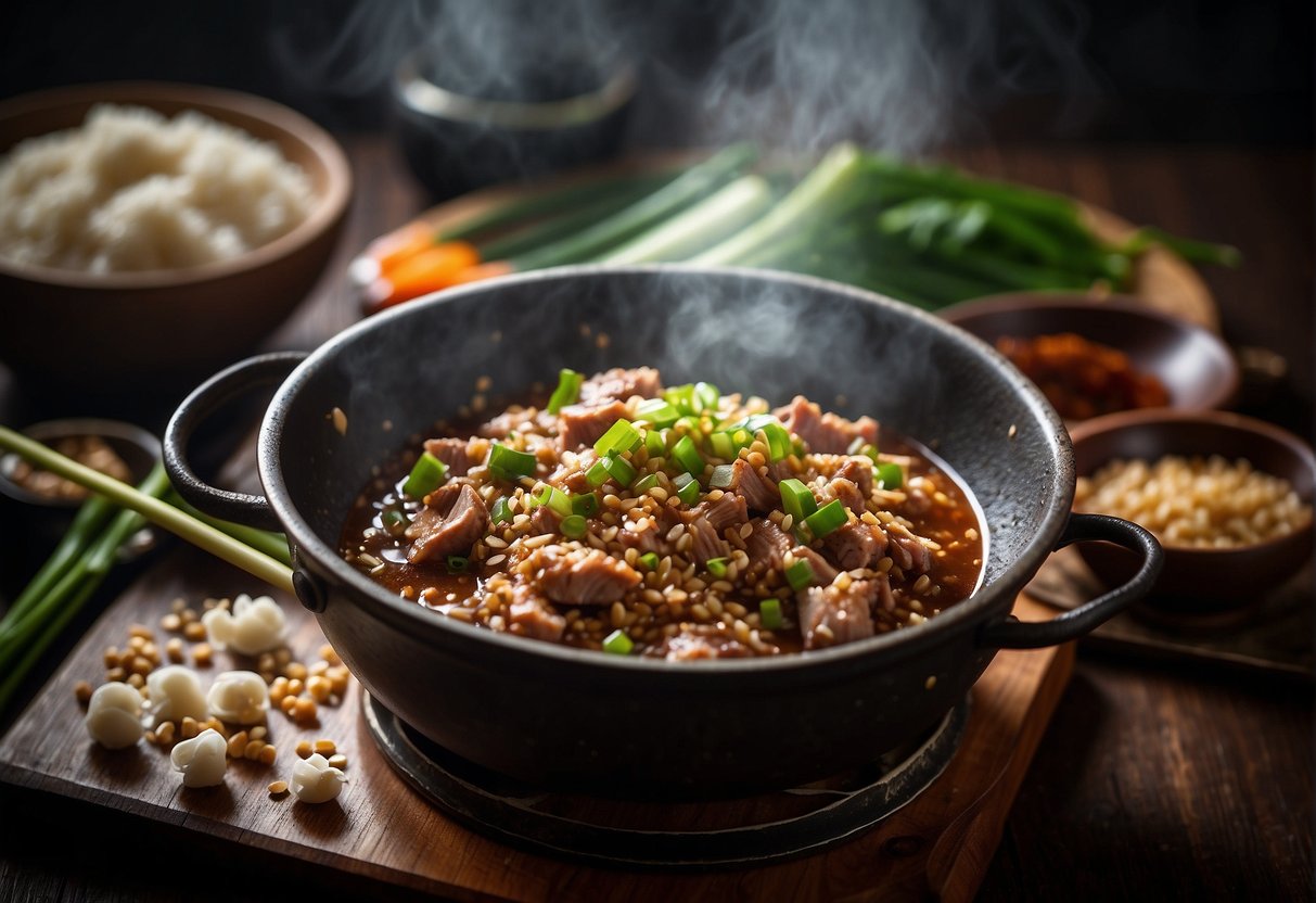 Minced pork sizzling in a hot wok, surrounded by aromatic garlic, ginger, and green onions. A splash of soy sauce and a sprinkle of five-spice powder add depth to the savory broth