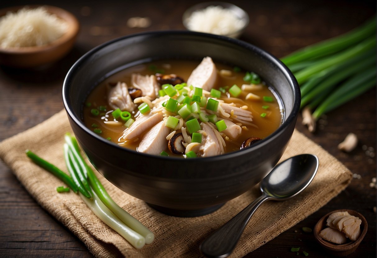 A steaming bowl of misua soup with tender chicken, shiitake mushrooms, and green onions, garnished with a sprinkle of fried garlic and a drizzle of sesame oil