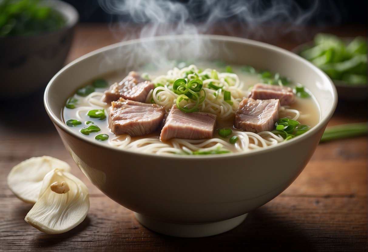 A steaming bowl of misua soup sits on a wooden table, garnished with green onions and slices of pork. Steam rises from the delicate, string-like noodles, creating a comforting and inviting scene