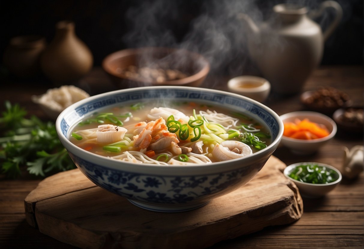 A steaming bowl of misua soup with traditional Chinese ingredients, such as dried shrimp, mushrooms, and green onions, sits on a rustic wooden table