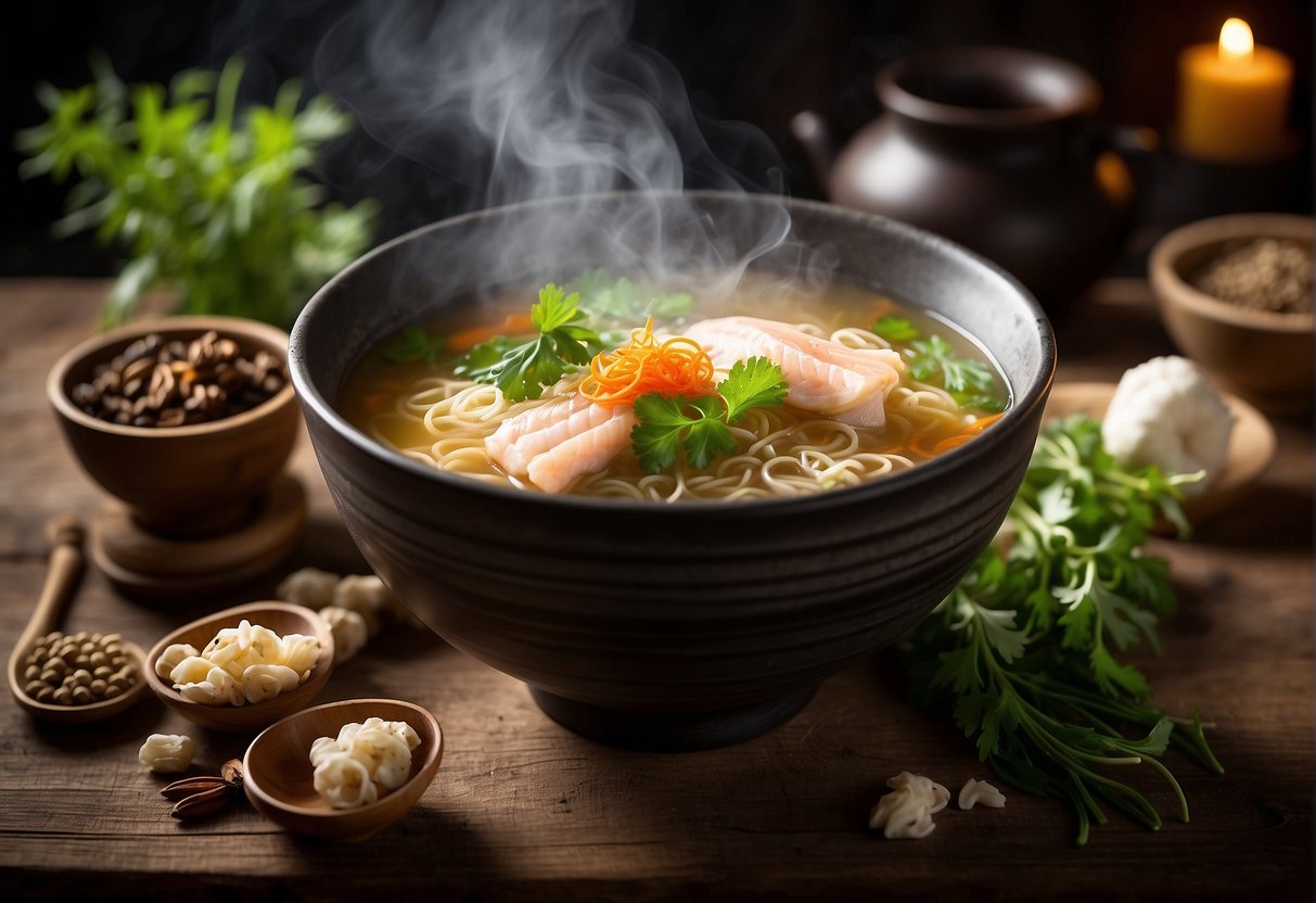A steaming bowl of Chinese fish noodle soup sits on a rustic wooden table, surrounded by traditional Chinese herbs and spices. The aroma wafts through the air, evoking the rich cultural significance of this beloved recipe
