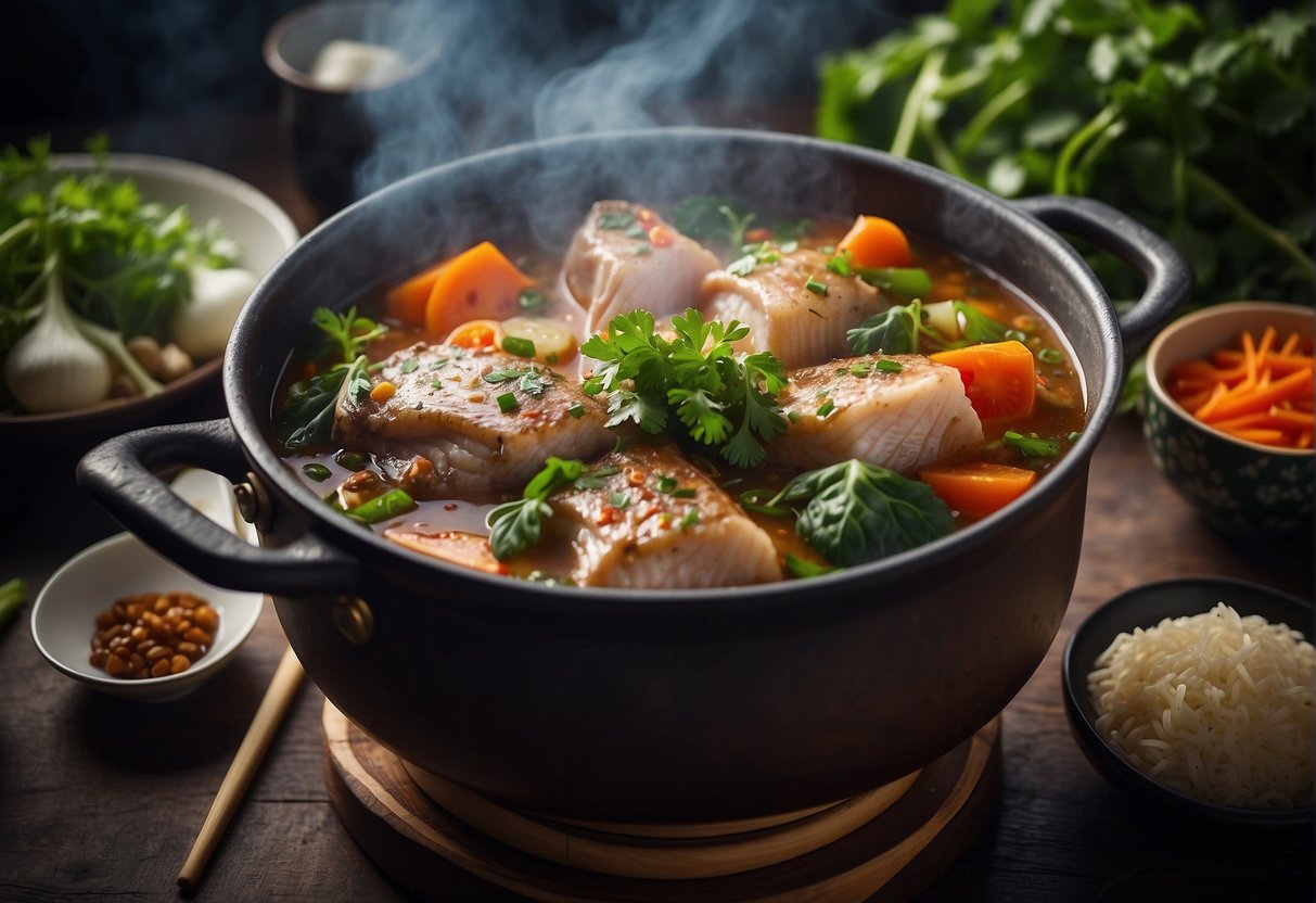 A steaming pot of Chinese fish head stew surrounded by vibrant vegetables and aromatic herbs, with a pair of chopsticks resting on the side