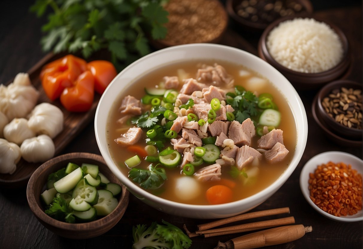 A steaming bowl of minced pork soup with Chinese herbs and vegetables, surrounded by a collection of frequently asked questions about the recipe