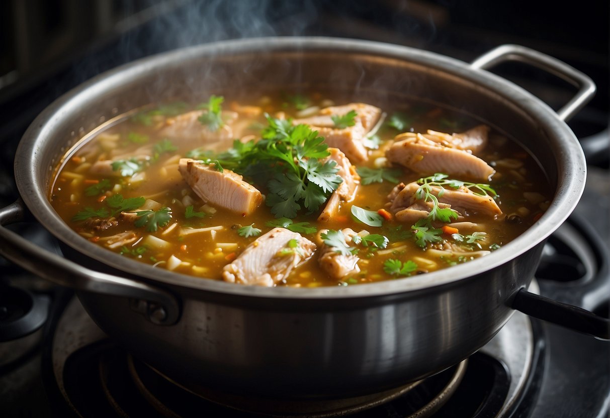 A large pot simmers on a stove, filled with a rich and fragrant Chinese fish head stew. Steam rises from the bubbling broth, carrying the aroma of ginger, garlic, and spices. Green onions and cilantro garnish the dish