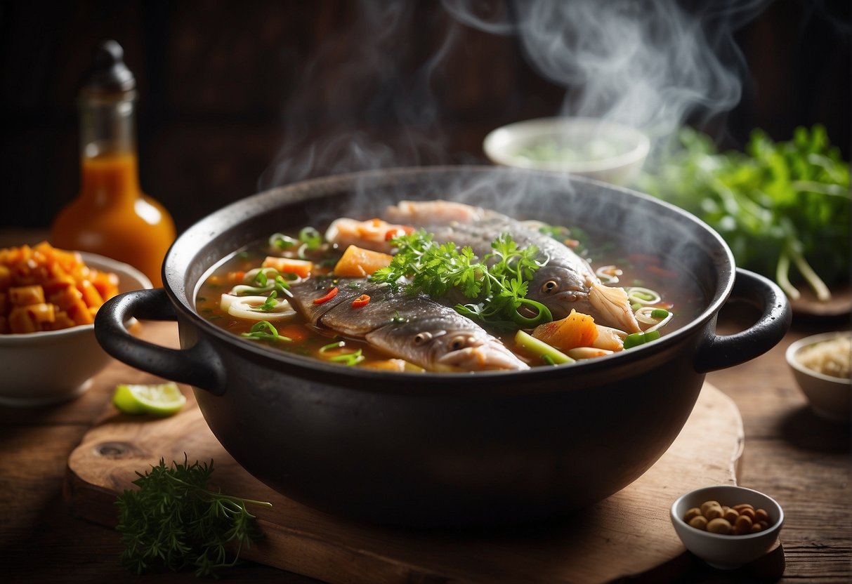 A steaming pot of Chinese fish head stew surrounded by aromatic herbs and spices on a rustic wooden table