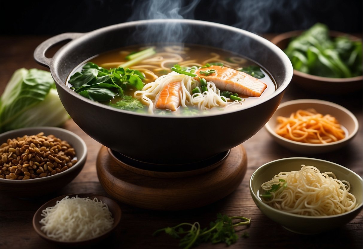 A steaming pot of fish broth, filled with tender noodles, bok choy, and delicate slices of white fish. Bowls of chili oil and soy sauce sit nearby for seasoning