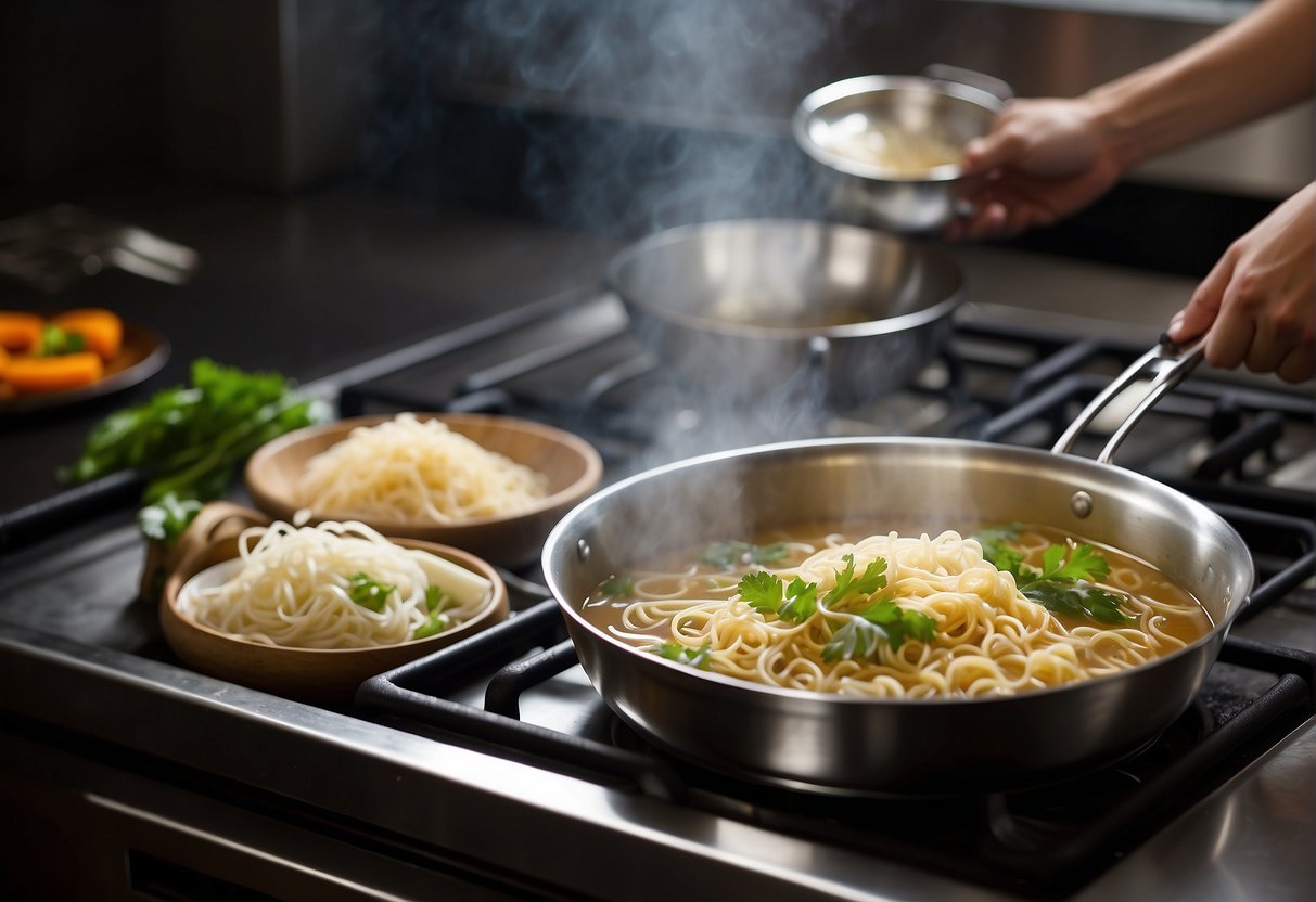 A pot simmers on a stove with misua noodles, broth, and aromatics. Ingredients are neatly arranged nearby