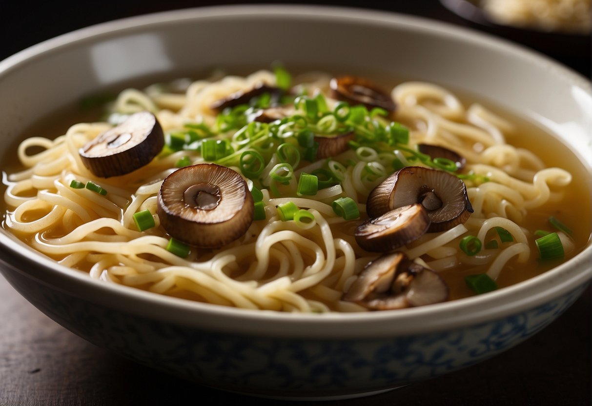 A pot of boiling misua noodles in a clear broth with slices of mushrooms, green onions, and a sprinkle of fried garlic on top