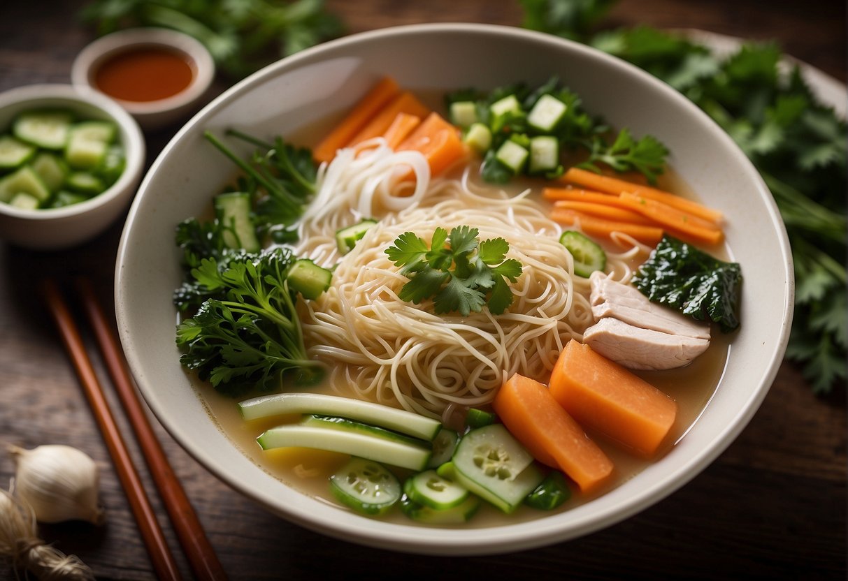 A steaming bowl of misua soup sits on a wooden table, surrounded by fresh vegetables and herbs. The soup is made with thin wheat noodles, tender chicken, and flavorful broth, embodying the essence of traditional Chinese cuisine