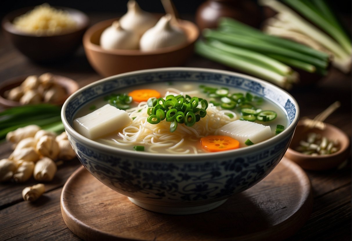 A steaming bowl of misua soup sits on a wooden table, surrounded by traditional Chinese ingredients like ginger, garlic, and green onions