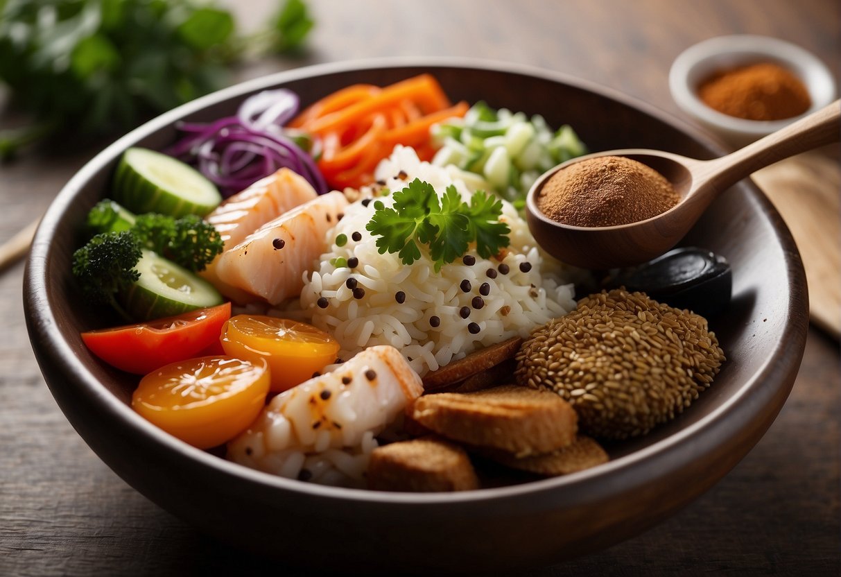 A bowl of mixed fish, soy sauce, and spices. A wooden spoon stirs the paste. A plate of fresh vegetables sits nearby