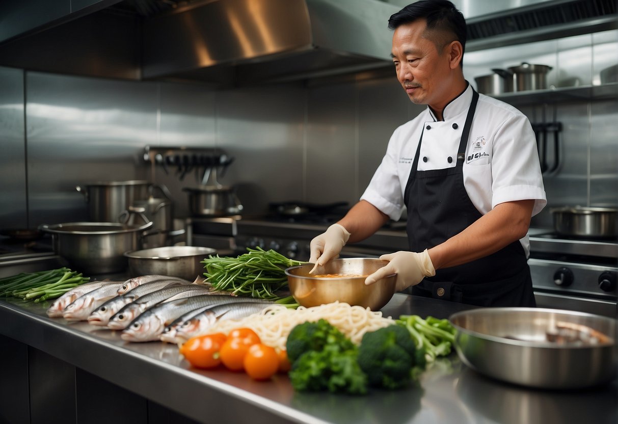 A chef gathers fresh fish, noodles, and aromatic spices on a clean kitchen counter for a Chinese fish noodle soup recipe