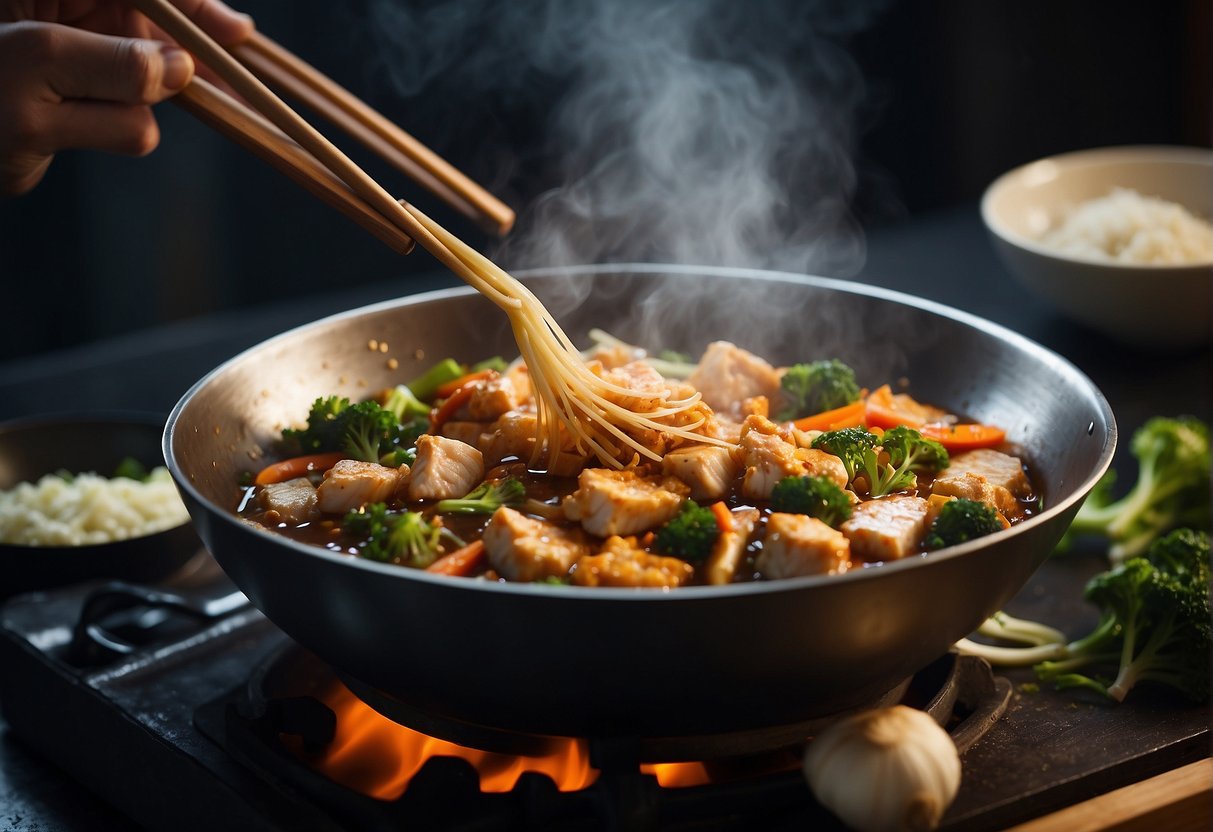 A wok sizzles as fish paste is stirred with soy sauce, ginger, and garlic. Aromatic steam rises as the mixture thickens