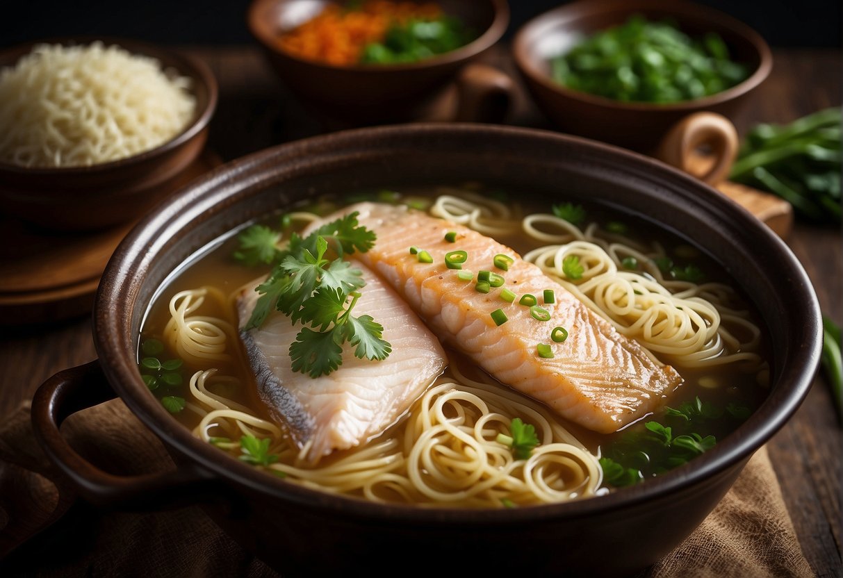 A pot of boiling fish broth with noodles, ginger, and scallions. A whole fish being gently simmered alongside fragrant spices and herbs