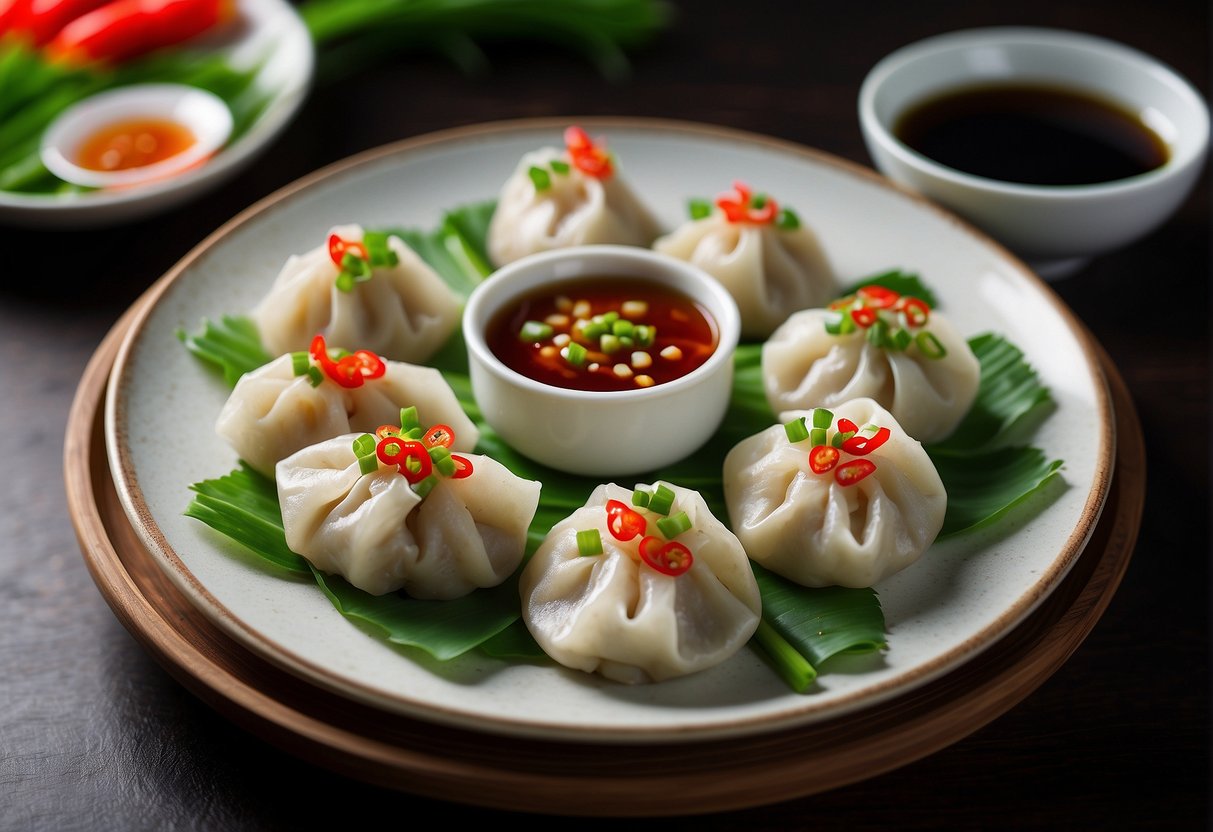 A plate of steamed fish paste dumplings with a side of soy sauce and garnished with sliced green onions and red chili peppers