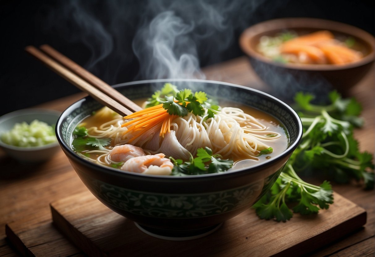 A steaming bowl of Chinese fish noodle soup is placed on a wooden table, garnished with fresh green onions and cilantro, with a pair of chopsticks resting on the side