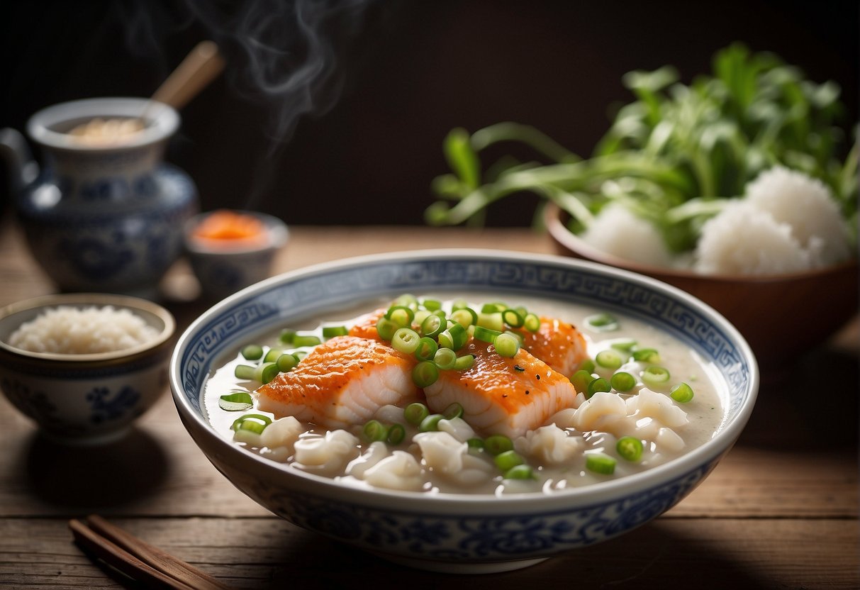 A steaming bowl of Chinese fish porridge sits on a wooden table, garnished with green onions and ginger slices. A pair of chopsticks rests alongside the bowl