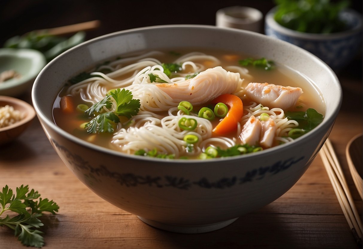 A steaming bowl of Chinese fish noodle soup with chopsticks and a spoon on a wooden table