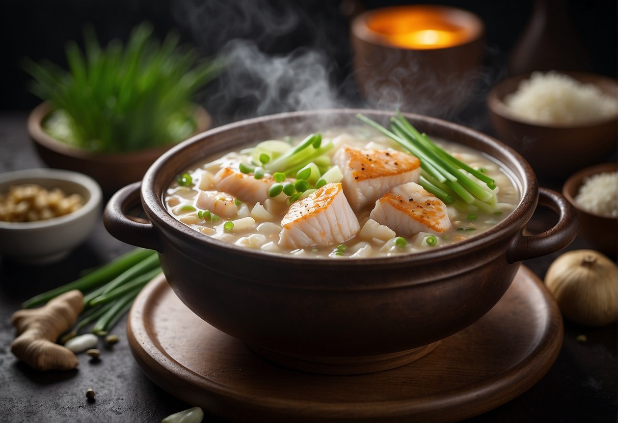 A steaming pot of Chinese fish porridge surrounded by ginger, green onions, and a sprinkle of white pepper