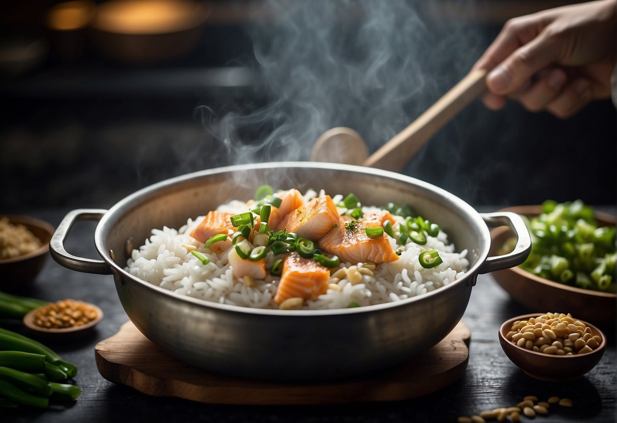 A pot of boiling water with fish, ginger, and rice. A chef stirring the ingredients with a wooden spoon. Ingredients like soy sauce and green onions on the side