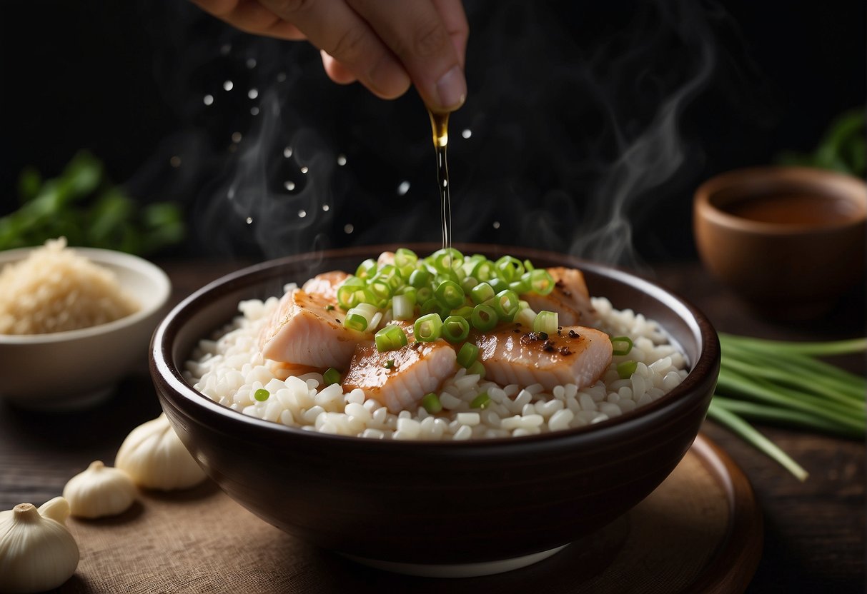 A hand sprinkles soy sauce over steaming fish porridge in a traditional Chinese bowl. Green onions and white pepper add color and aroma