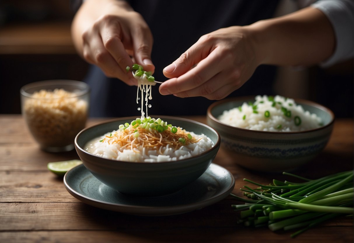 A hand sprinkles green onions on a bowl of steaming fish porridge, next to a plate of crispy fried shallots