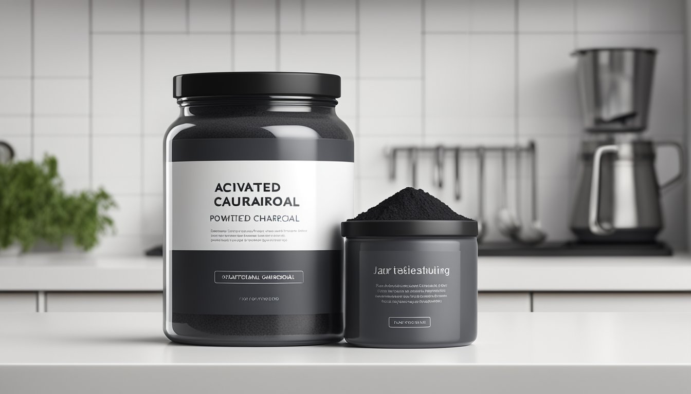 A jar of activated charcoal powder sits on a clean white countertop, with a label indicating its benefits. The background shows a modern and minimalistic kitchen setting