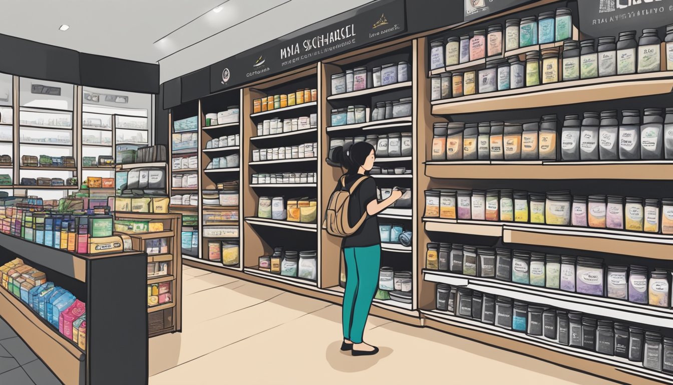 A store shelf displays activated charcoal powder in Singapore. Shoppers browse nearby