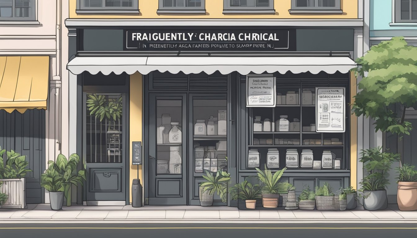 A storefront in Singapore displaying activated charcoal powder with a sign reading "Frequently Asked Questions: Where to buy activated charcoal powder in Singapore."