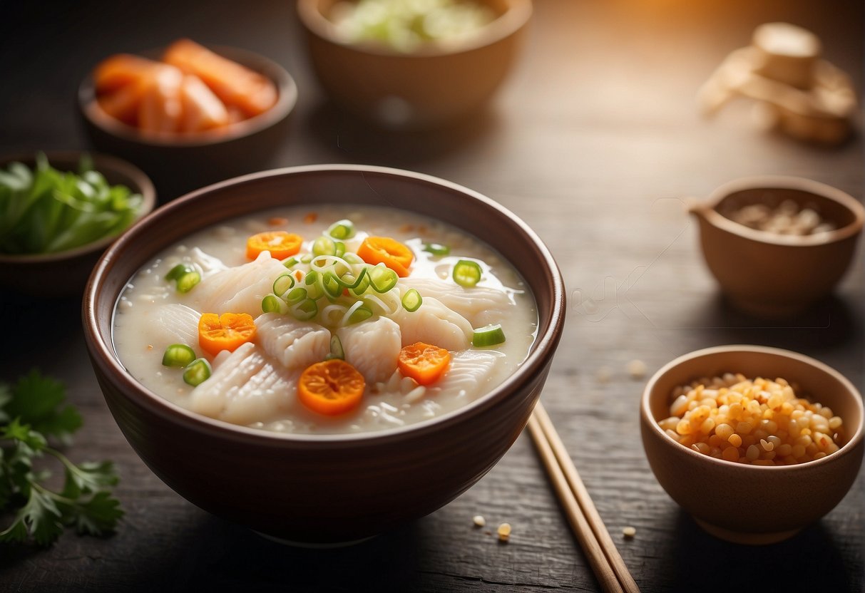 A bowl of Chinese fish porridge with nutritional information displayed on the side. Ingredients and calories are listed next to a steaming bowl