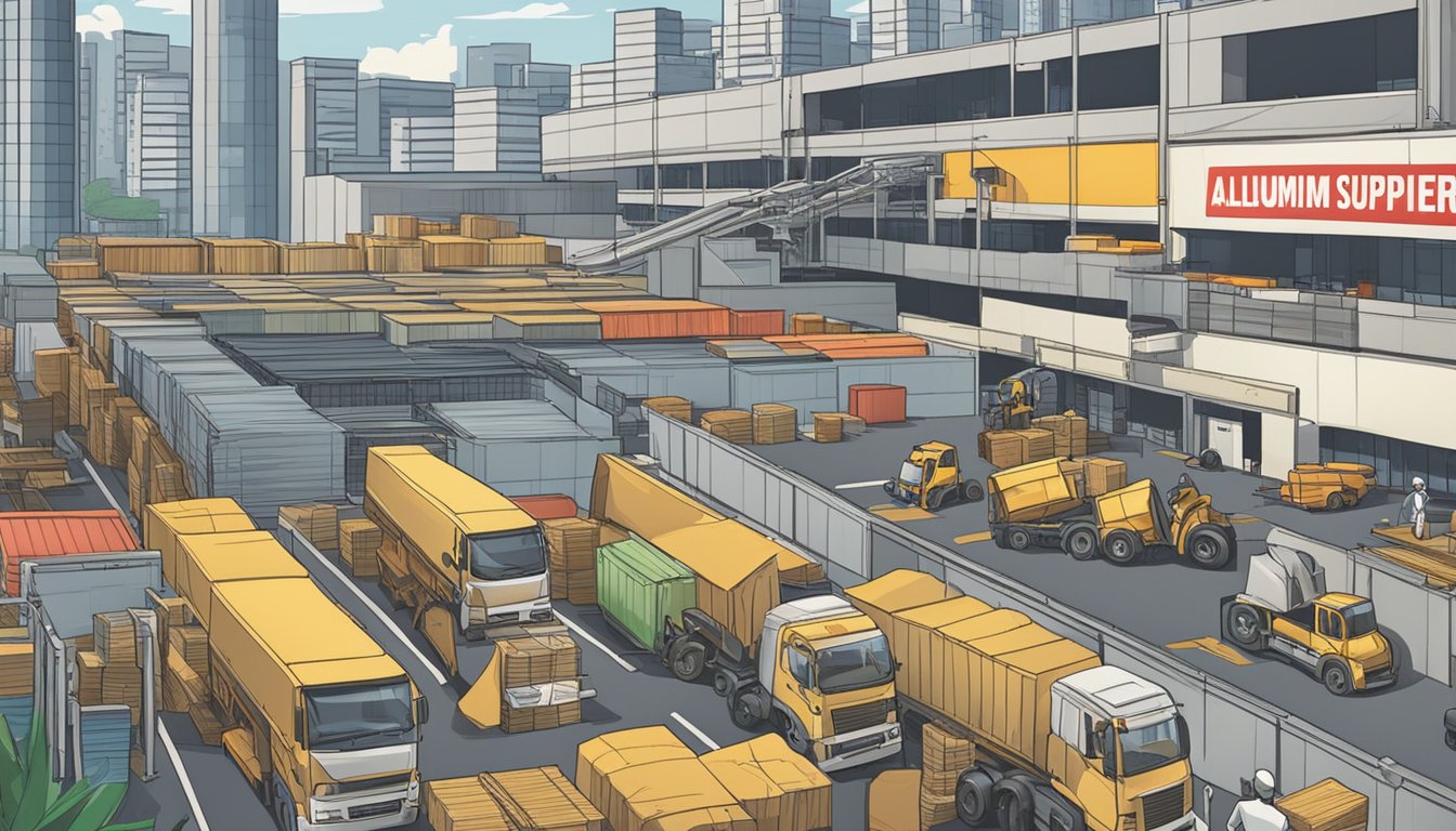 A busy industrial area in Singapore, with warehouses and trucks. A sign reads "Aluminium Supplier" in bold letters. Workers load and unload metal sheets