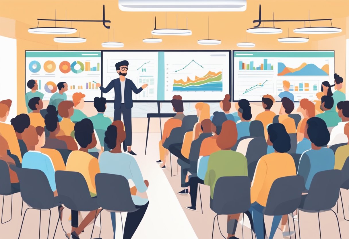 A small business owner stands in front of a diverse crowd, presenting a marketing plan on a large screen. The audience listens attentively, taking notes and nodding in agreement