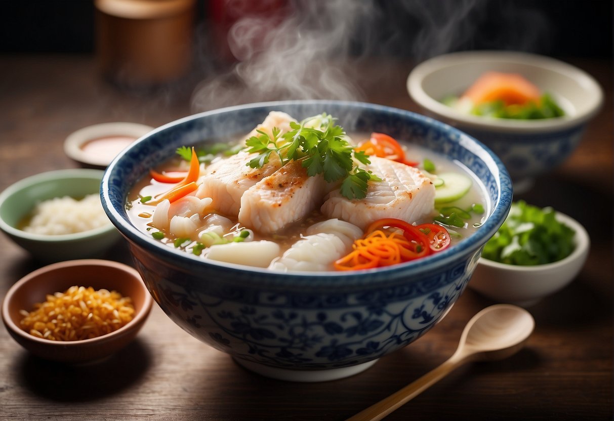 A steaming bowl of Chinese fish porridge surrounded by traditional condiments and utensils